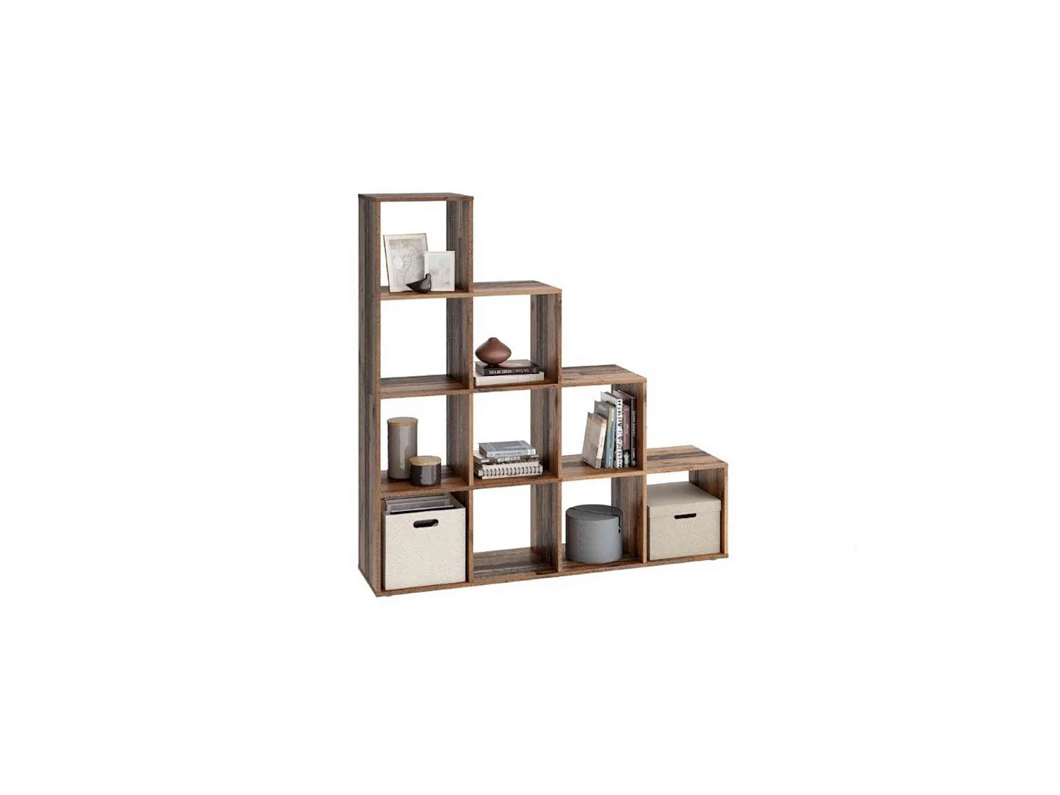 Bibliothèque escalier 10 cases en bois old style foncé - BI13009