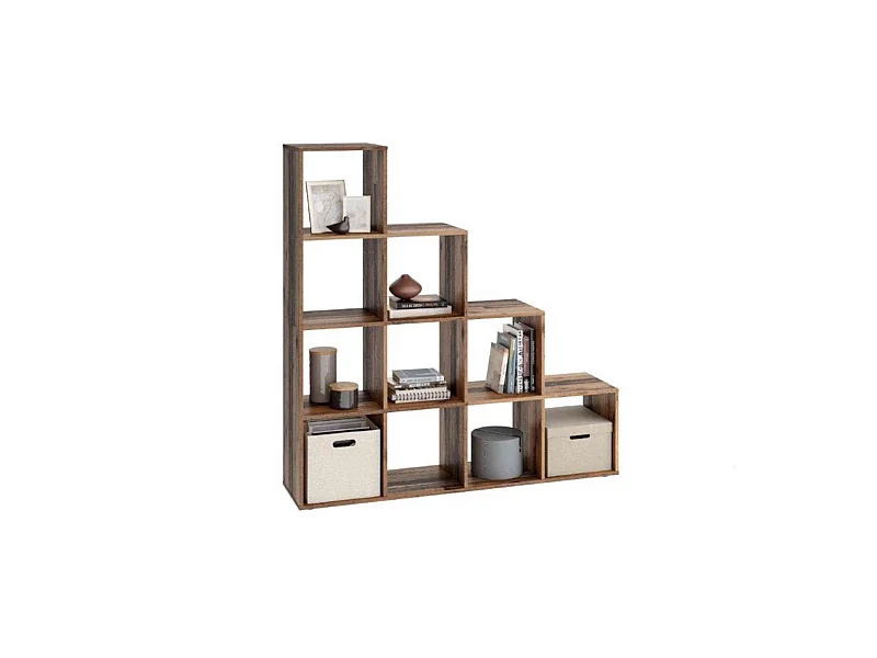 Bibliothèque escalier 10 cases en bois old style foncé - BI13009