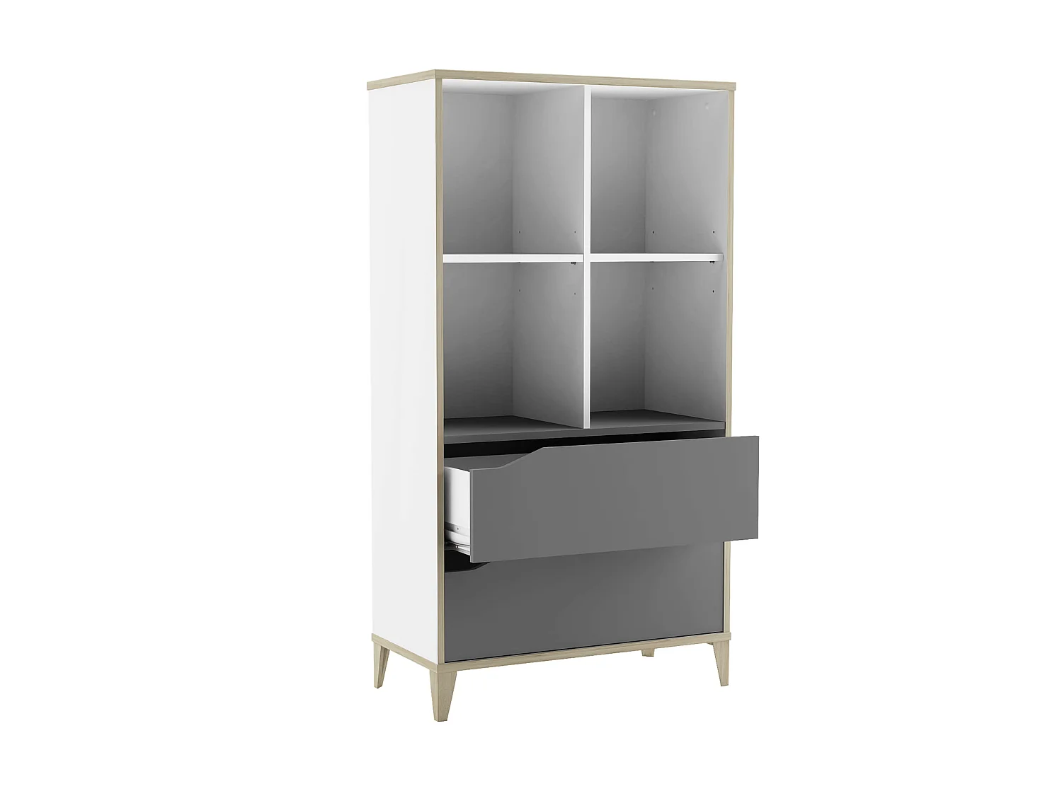 Bibliothèque enfant 2 tiroirs et 4 niches en bois blanc et gris - BI216