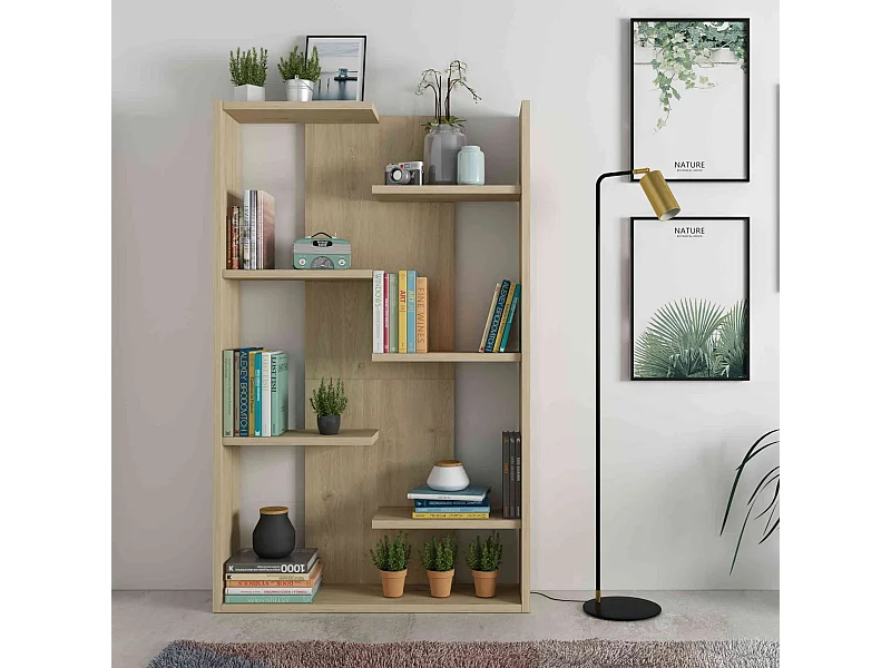 Bibliothèque 7 étagères en quinconce en bois imitation chêne clair - BI9045