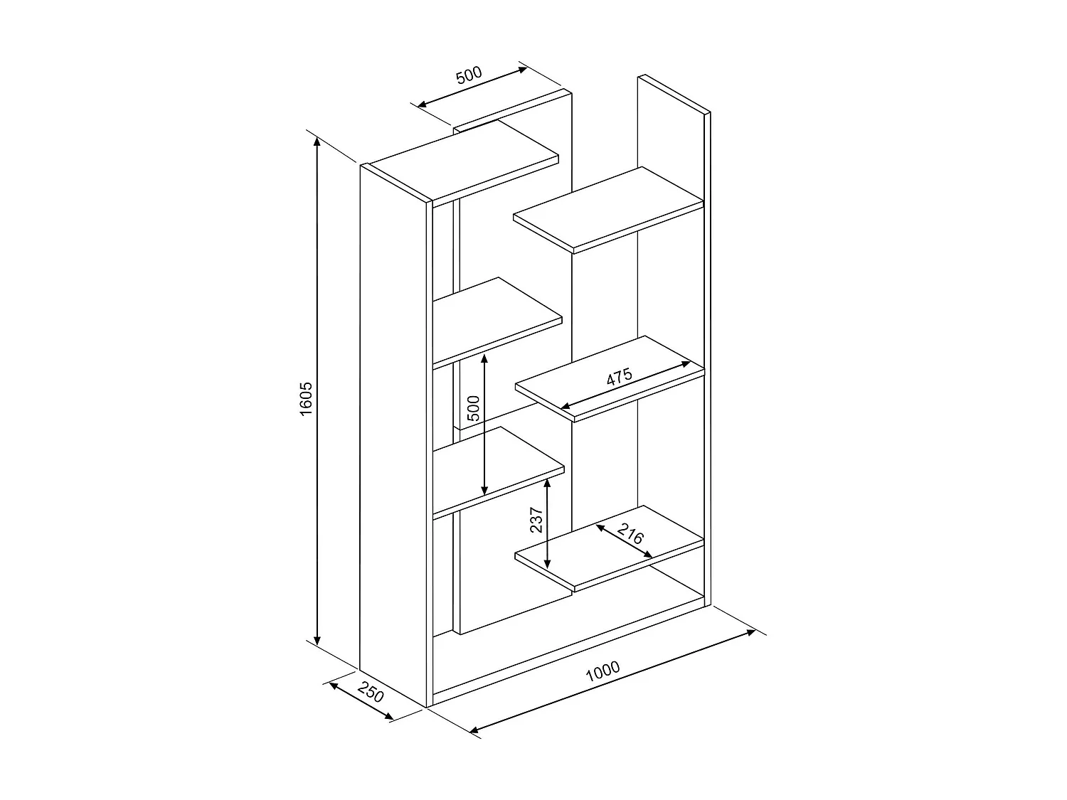 Bibliothèque 7 étagères en quinconce en bois imitation chêne clair - BI9045