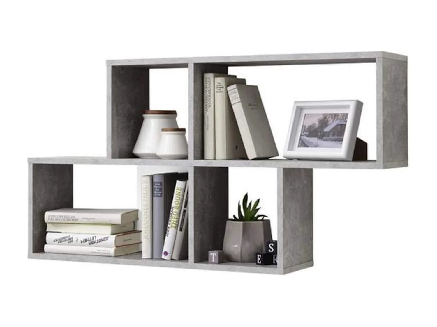 Etagère murale 4 cases en bois gris béton et blanc - ET13042-5