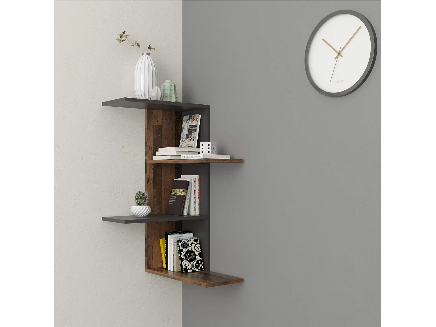 Etagère murale d'angle en bois old style foncé - ET13038-3