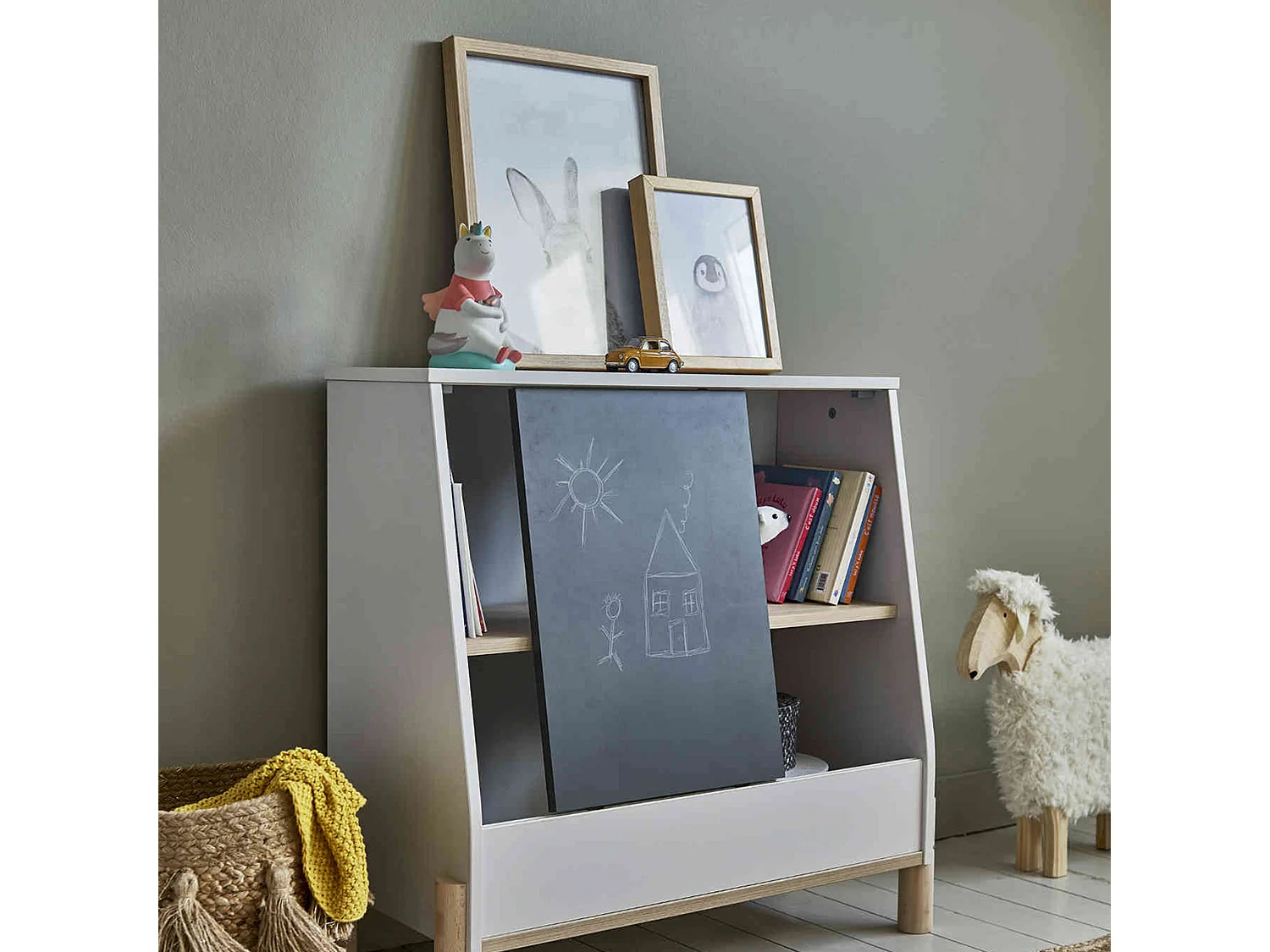Meuble de rangement enfant avec porte coulissante ardoise - RA5042