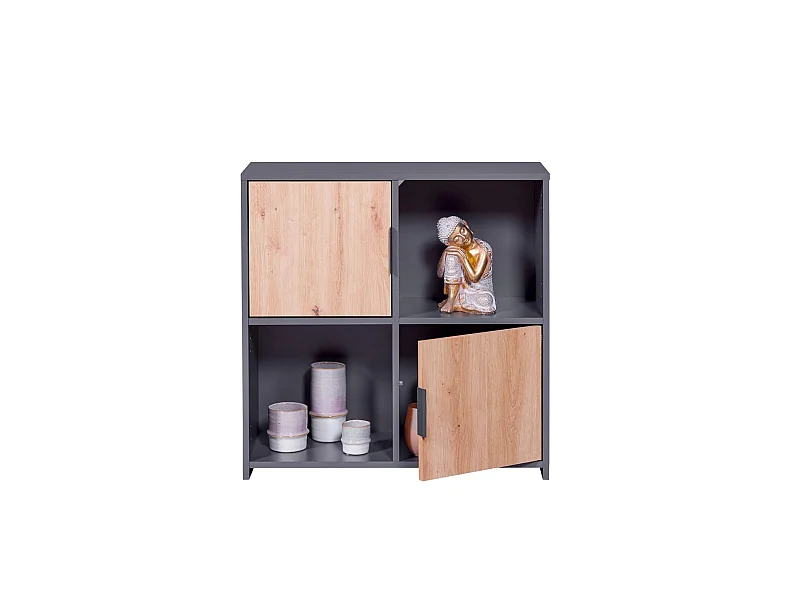 Etagère 4 cases en bois anthracite avec 2 portes battantes chêne artisan - ET12115