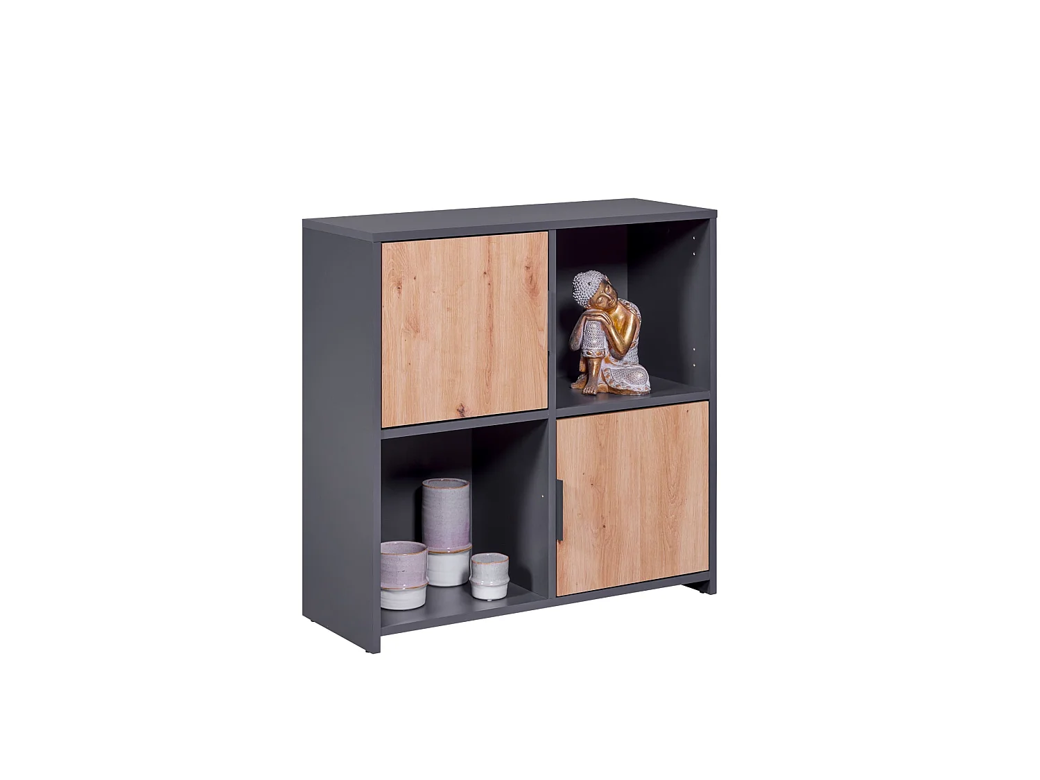 Etagère 4 cases en bois anthracite avec 2 portes battantes chêne artisan - ET12115