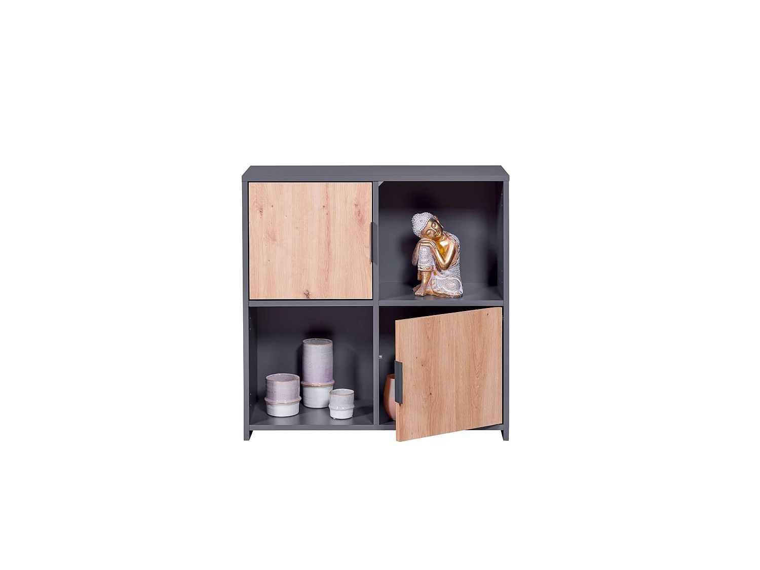 Etagère 4 cases en bois anthracite avec 2 portes battantes chêne artisan - ET12115