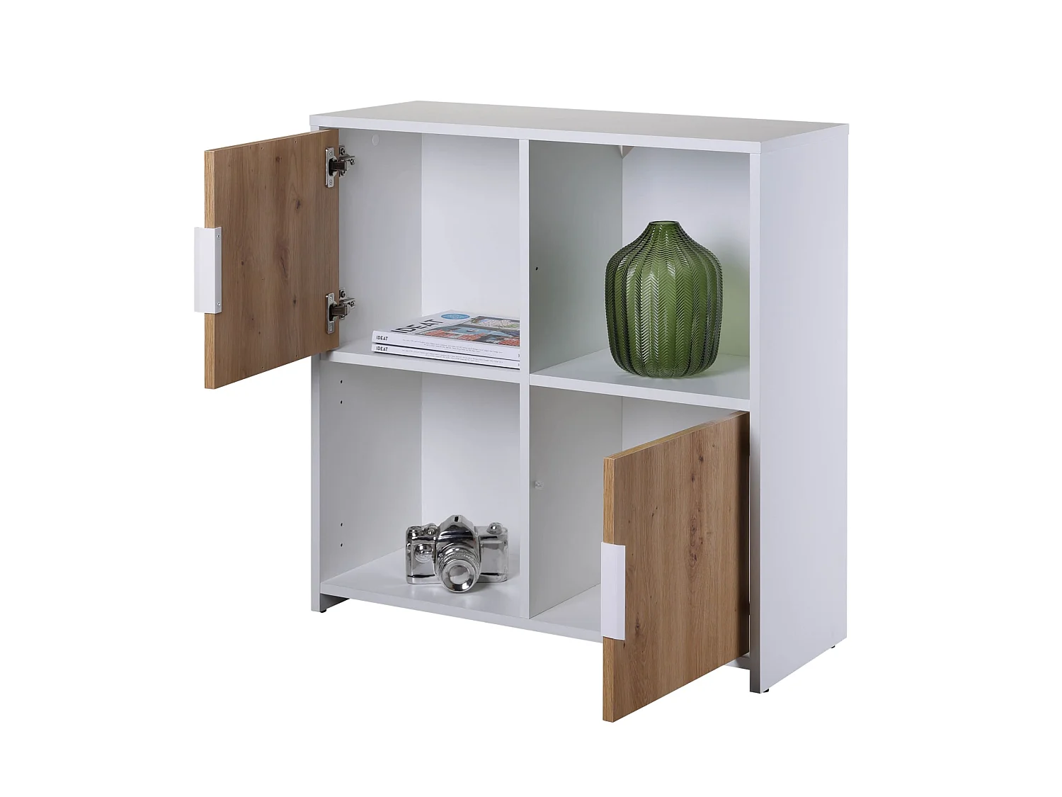 Etagère 4 cases en bois blanc avec 2 portes battantes chêne artisan - ET12115