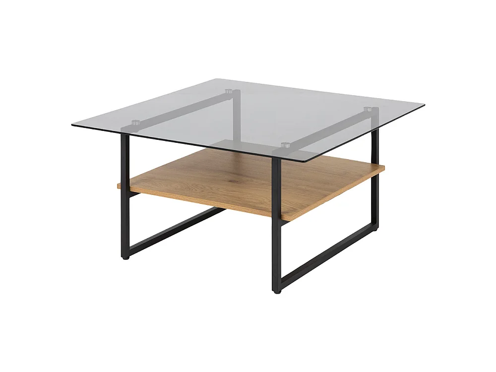 Beistelltisch / Couchtisch mit Glasplatte, schwarzem Metallgestell und Ablage in Eichenoptik, quadratisch, 80x80 cm - HIDEKO