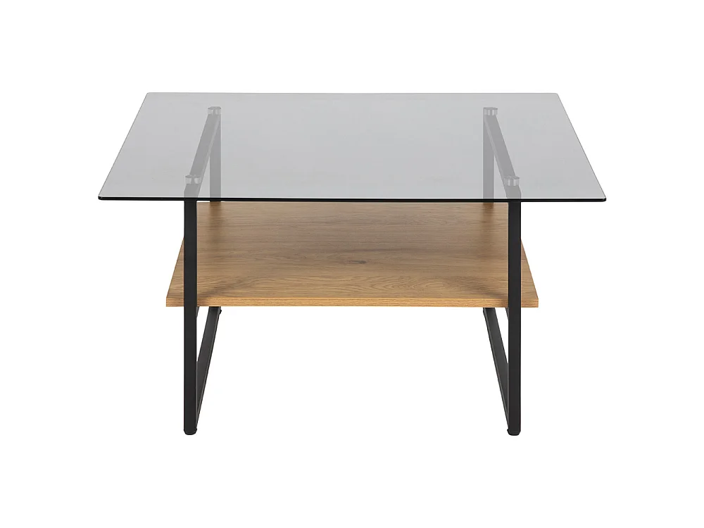 Beistelltisch / Couchtisch mit Glasplatte, schwarzem Metallgestell und Ablage in Eichenoptik, quadratisch, 80x80 cm - HIDEKO