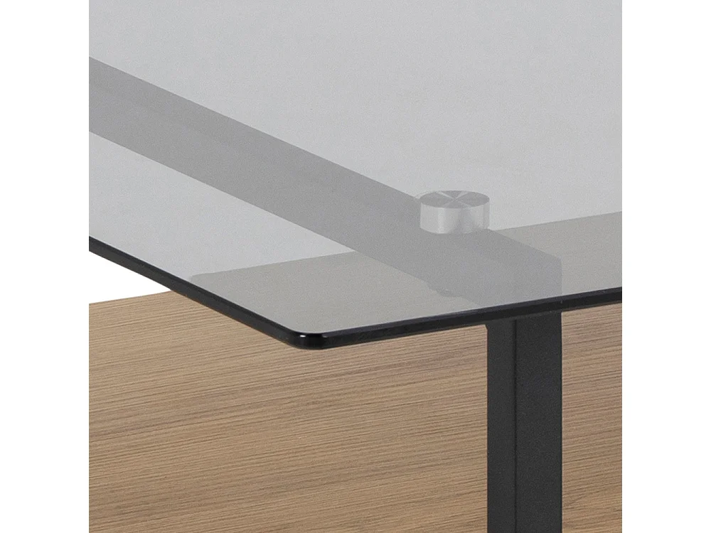 Beistelltisch / Couchtisch mit Glasplatte, schwarzem Metallgestell und Ablage in Eichenoptik, quadratisch, 80x80 cm - HIDEKO