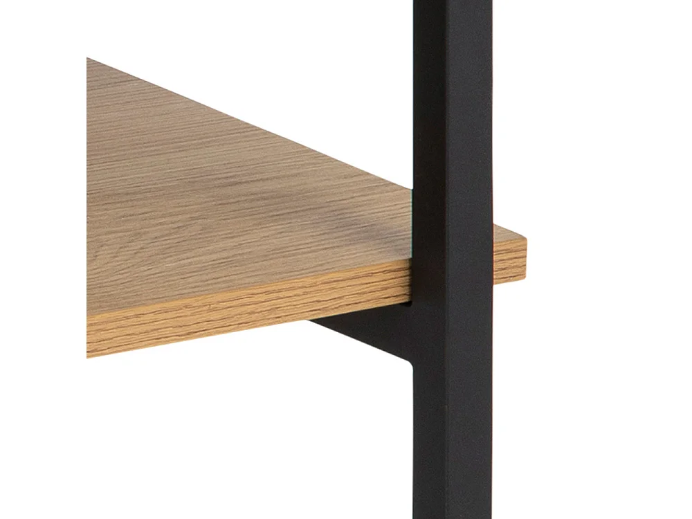 Beistelltisch / Couchtisch mit Glasplatte, schwarzem Metallgestell und Ablage in Eichenoptik, quadratisch, 80x80 cm - HIDEKO