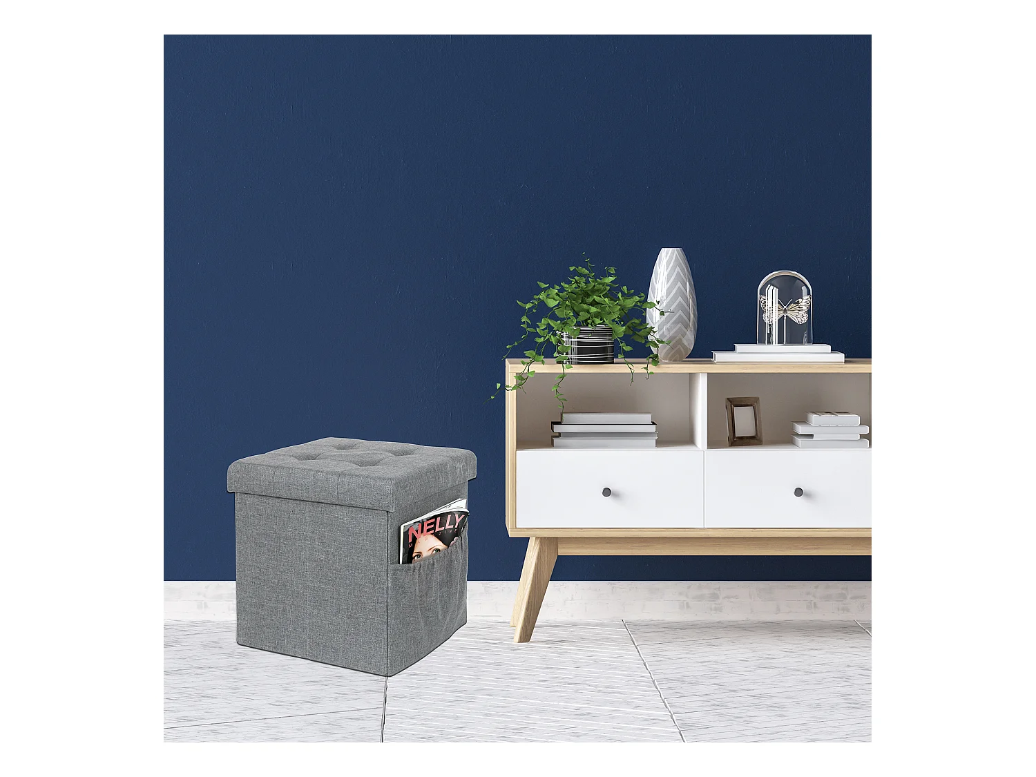 Coffre Pouf Pliable Tissu Gris Fonce Gris