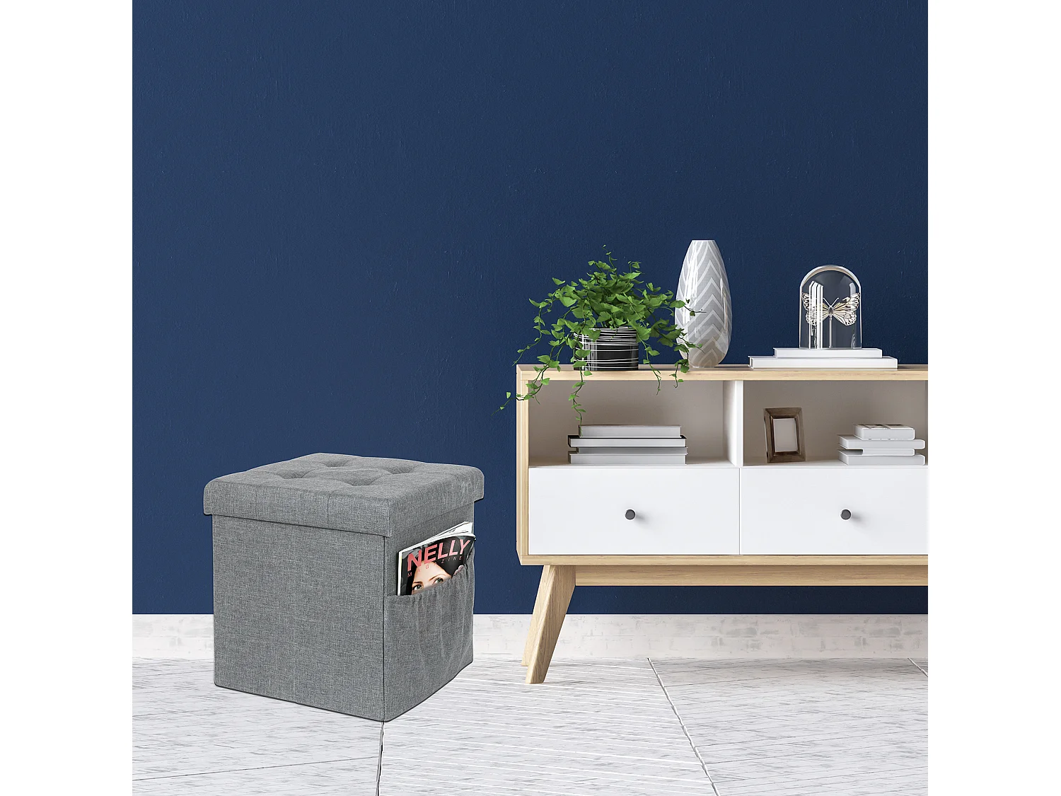 Coffre Pouf Pliable Tissu Gris Fonce Gris