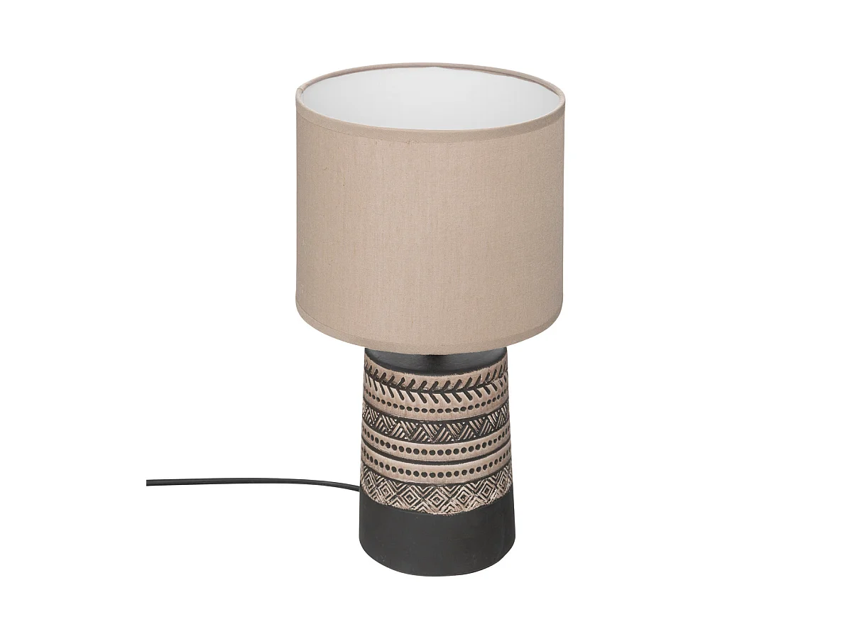 Lampe à poser Marron motif exotique et abat-jour en coton Beige H 34 cm