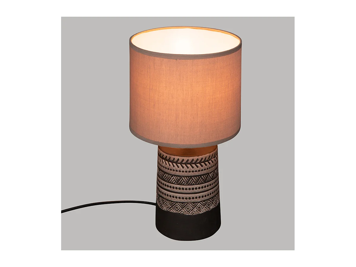 Lampe à poser Marron motif exotique et abat-jour en coton Beige H 34 cm