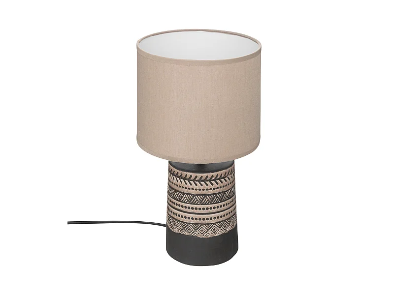 Lampe à poser Marron motif exotique et abat-jour en coton Beige H 34 cm