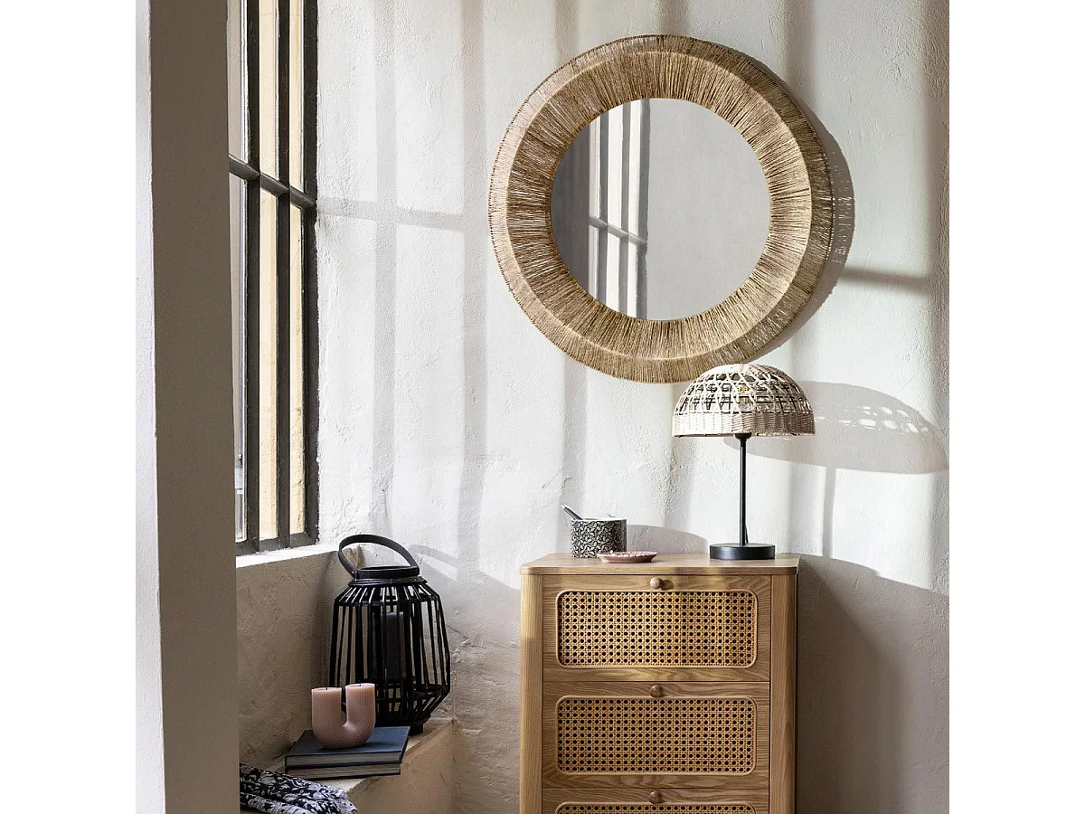 Lampe à poser en métal Noir et abat-jour en Rotin H 41.5 cm