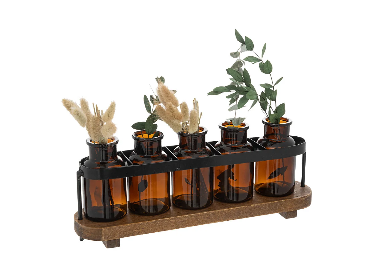 Compo 5 Soliflores avec Plantes séchées dans un socle en bois et métal