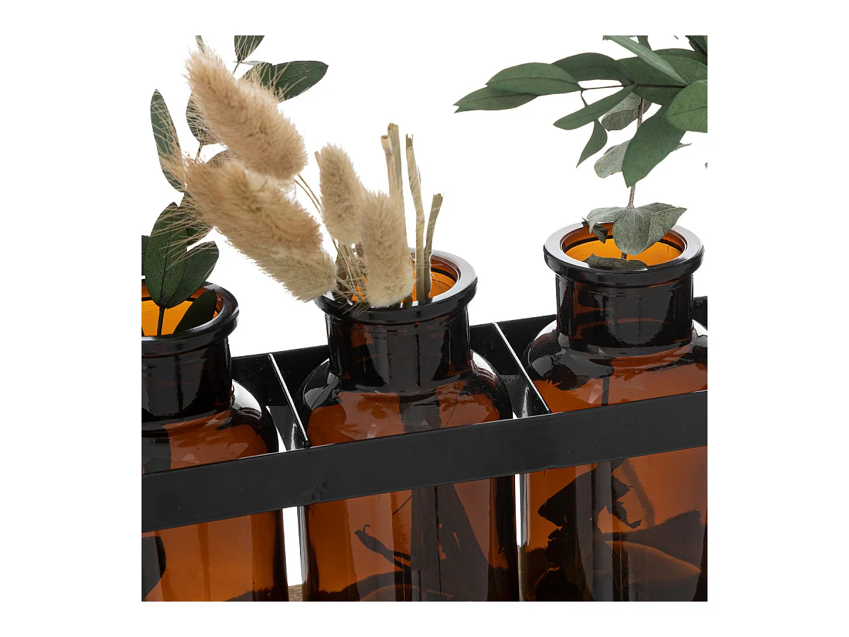 Compo 5 Soliflores avec Plantes séchées dans un socle en bois et métal