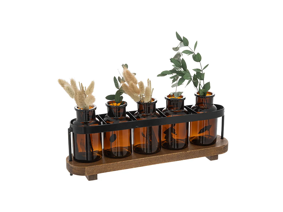 Compo 5 Soliflores avec Plantes séchées dans un socle en bois et métal
