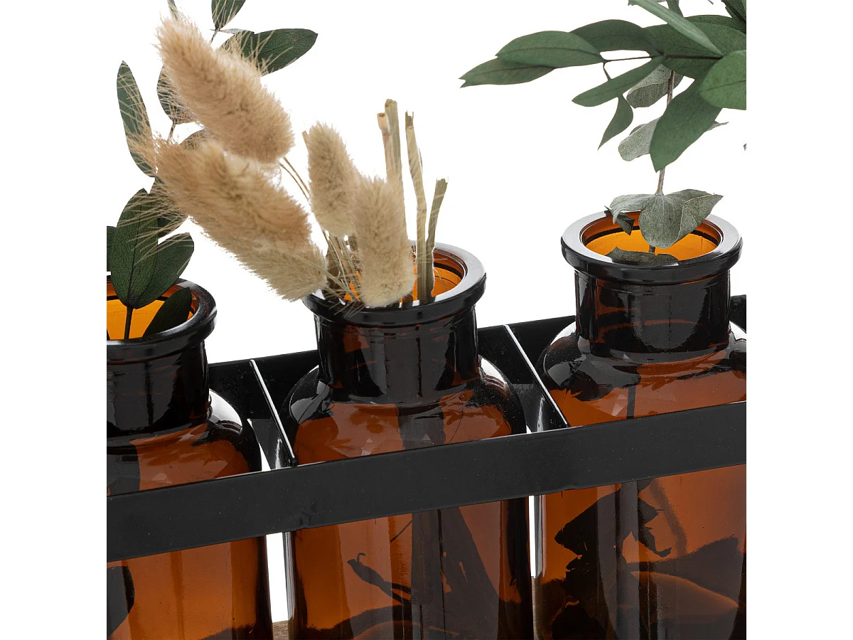 Compo 5 Soliflores avec Plantes séchées dans un socle en bois et métal