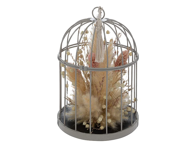 Compo florale Fleurs séchées dans une cage en métal à poser ou suspendre