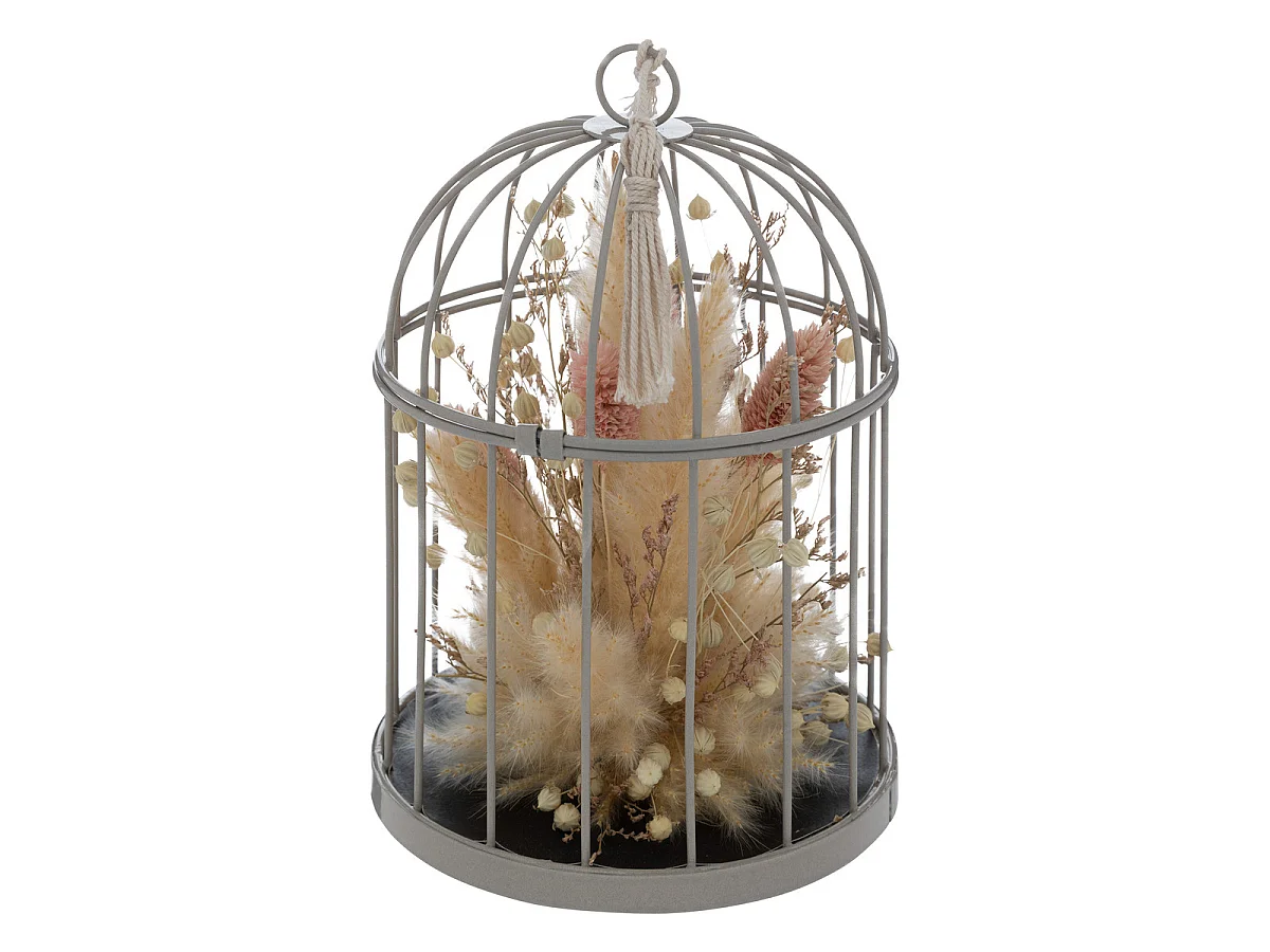 Compo florale Fleurs séchées dans une cage en métal à poser ou suspendre