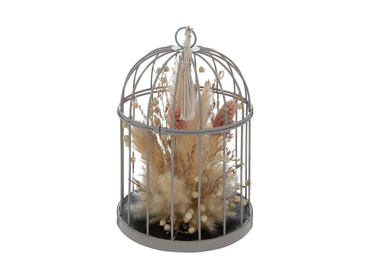 Compo florale Fleurs séchées dans une cage en métal à poser ou suspendre