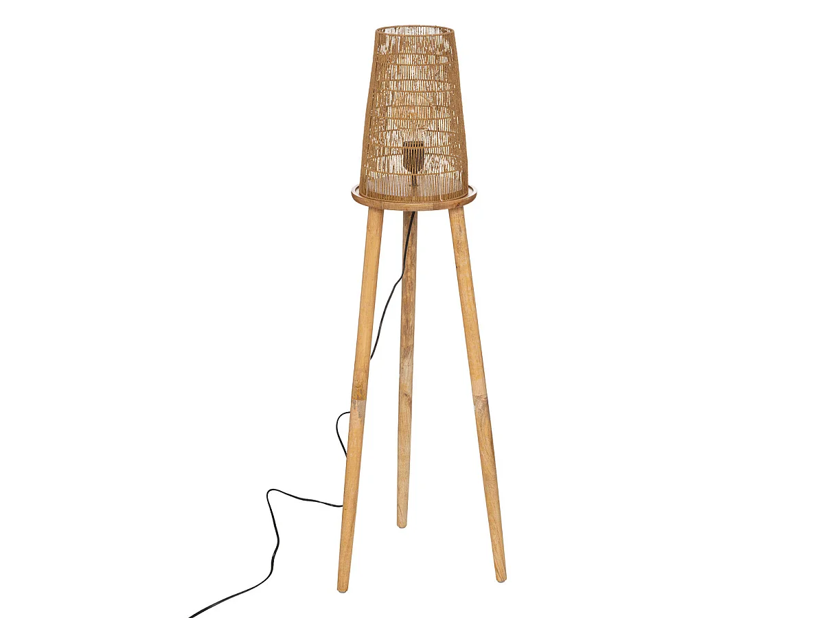 Lampadaire Trépied en bois et abat-jour corde H 127 cm