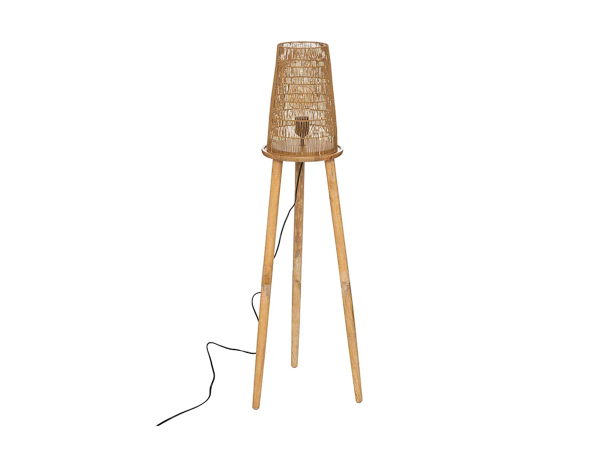Lampadaire Trépied en bois et abat-jour corde H 127 cm