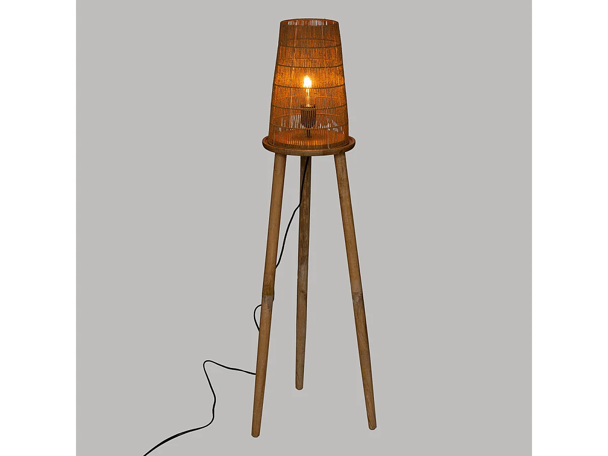 Lampadaire Trépied en bois et abat-jour corde H 127 cm