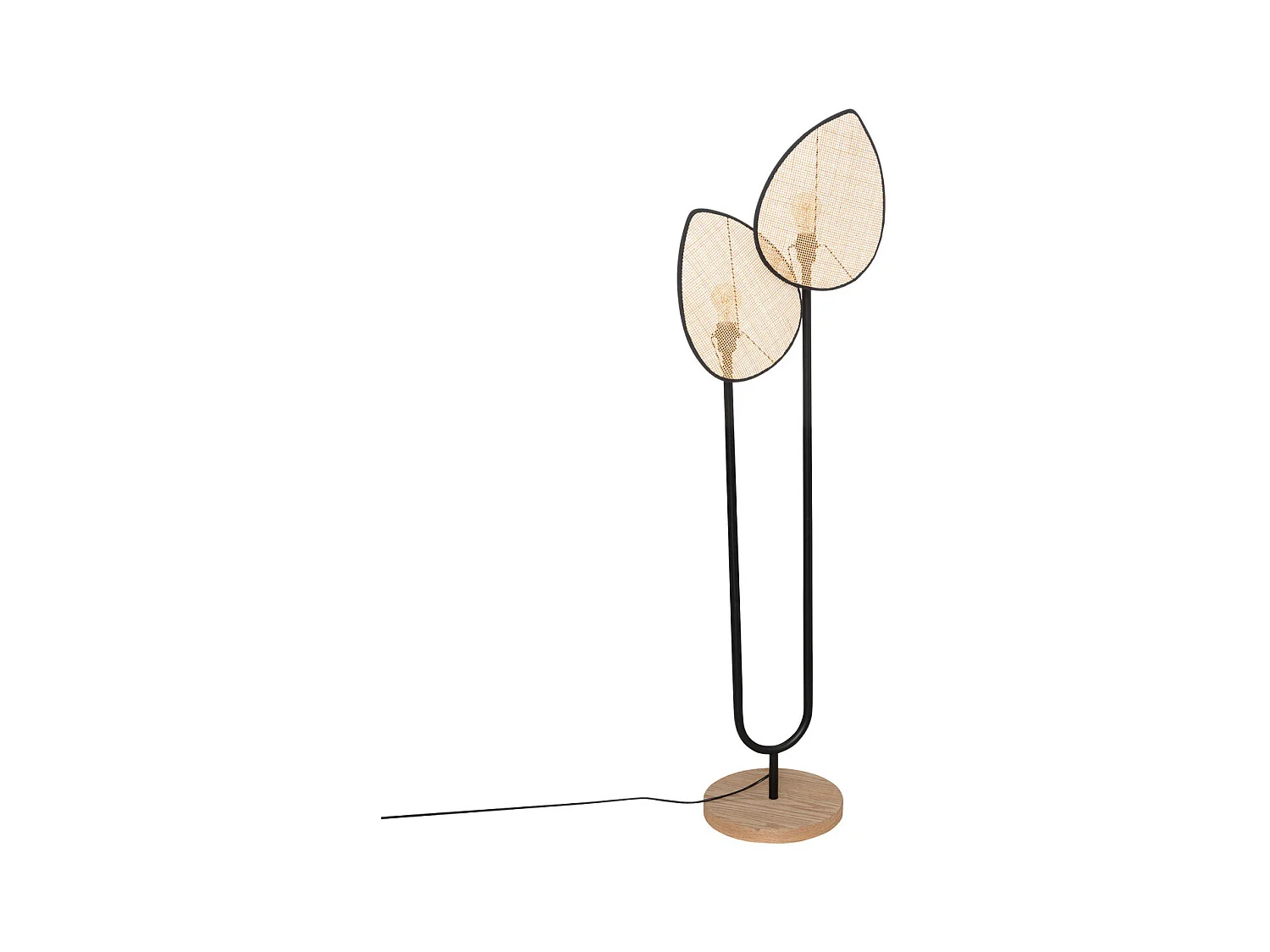 Lampadaire 2 abat-jours en Cannage de Rotin et métal Noir H 143 cm