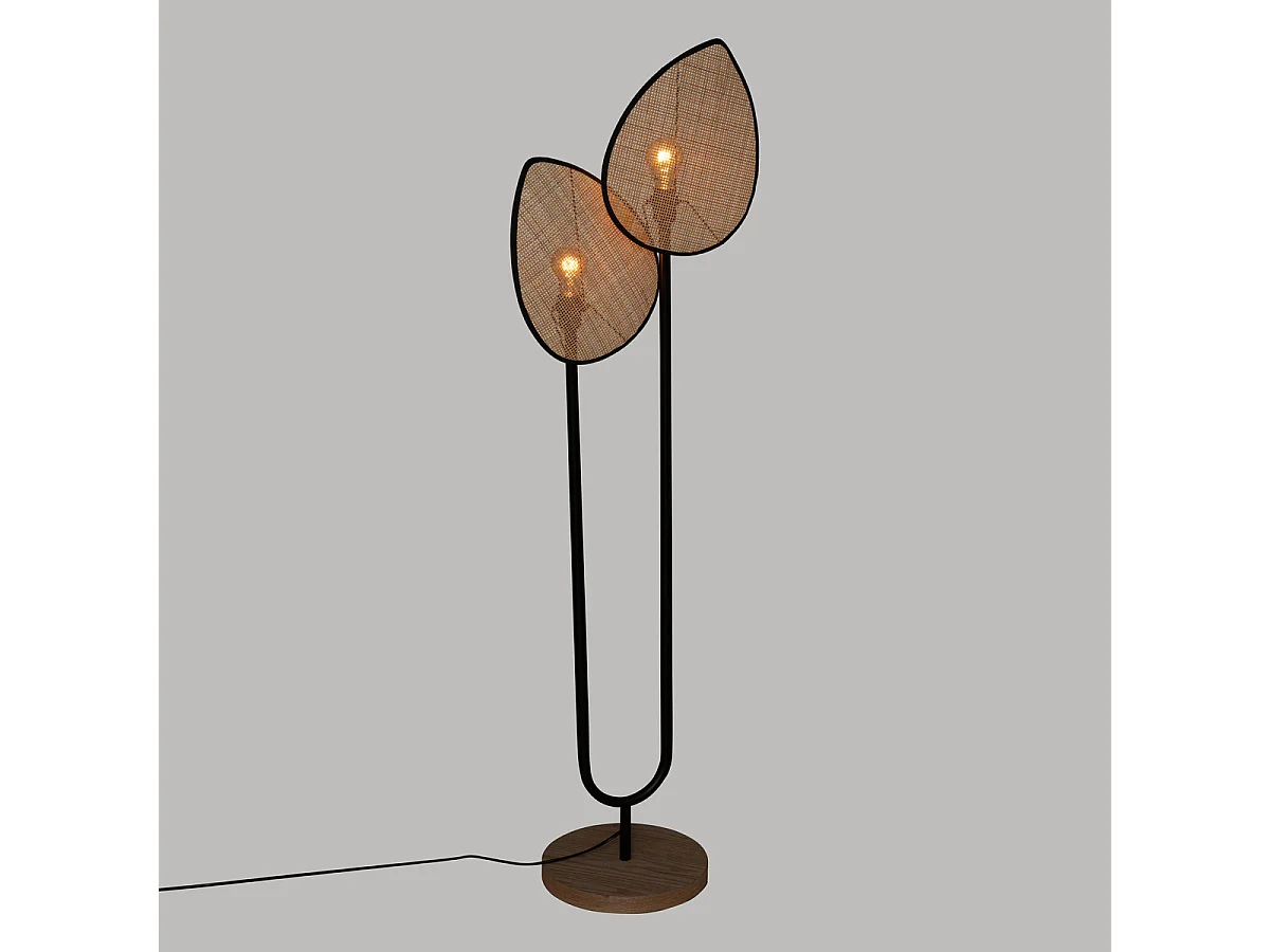 Lampadaire 2 abat-jours en Cannage de Rotin et métal Noir H 143 cm