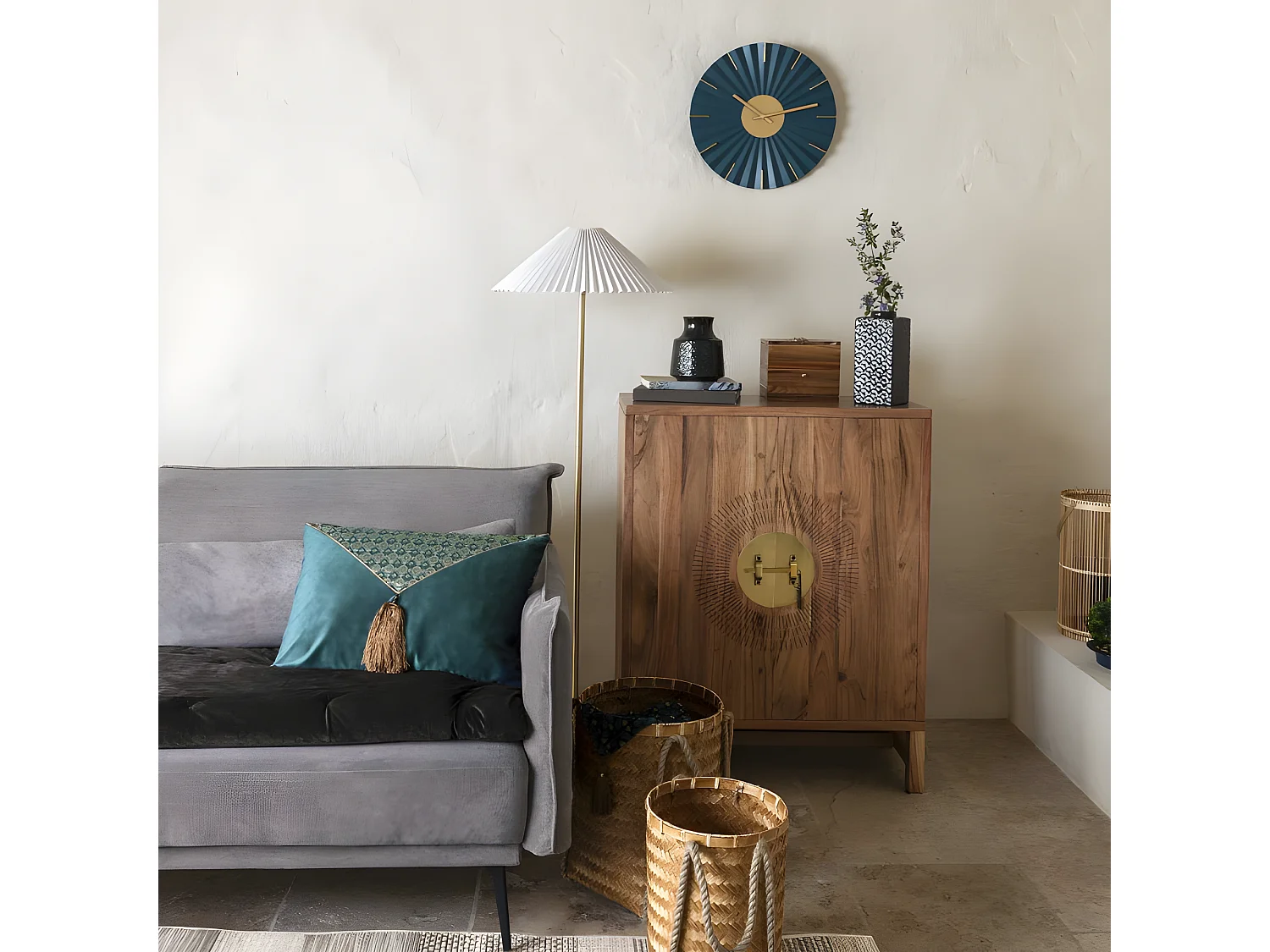 Lampadaire en métal Doré et abat-jour en Coton plissé H 150 cm