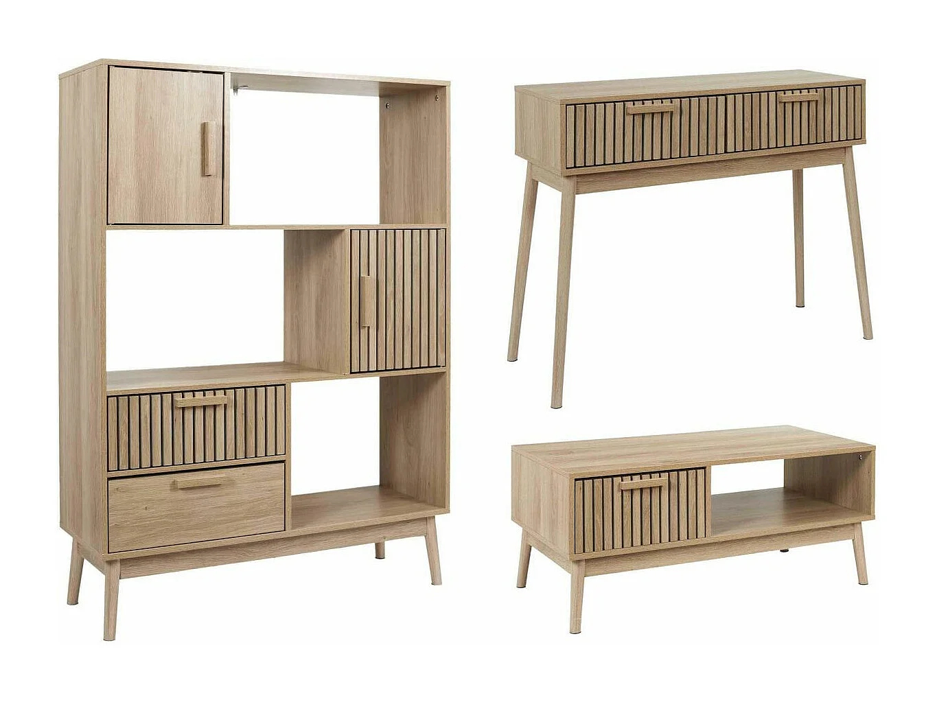 Set bibliothèque, console et table basse en bois Klaus