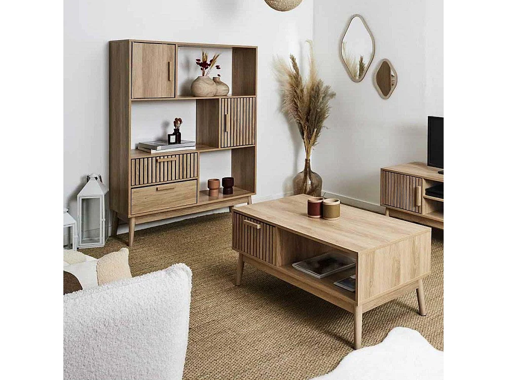 Set bibliothèque, console et table basse en bois Klaus