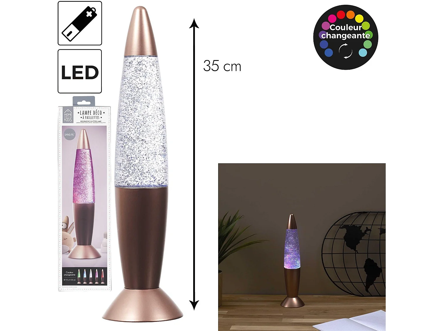 Lampe Deco A Paillettes H9.5cm Noir, Transparent, Or
