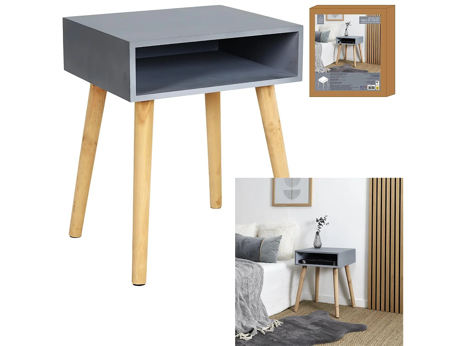 Table de Chevet - HOME DECO FACTORY - Bicolore - Inspiration Scandinave - Gris et Marron
