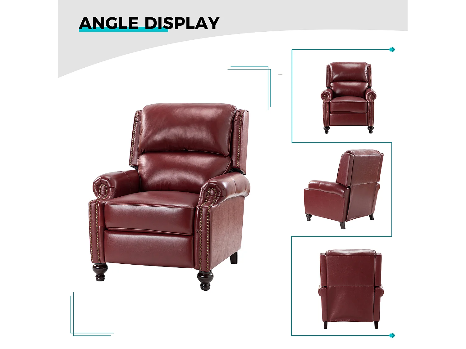 Fauteuil Cigare en cuir réglable, inclinable, canapé vintage avec garniture à tête de clou, bourgogne