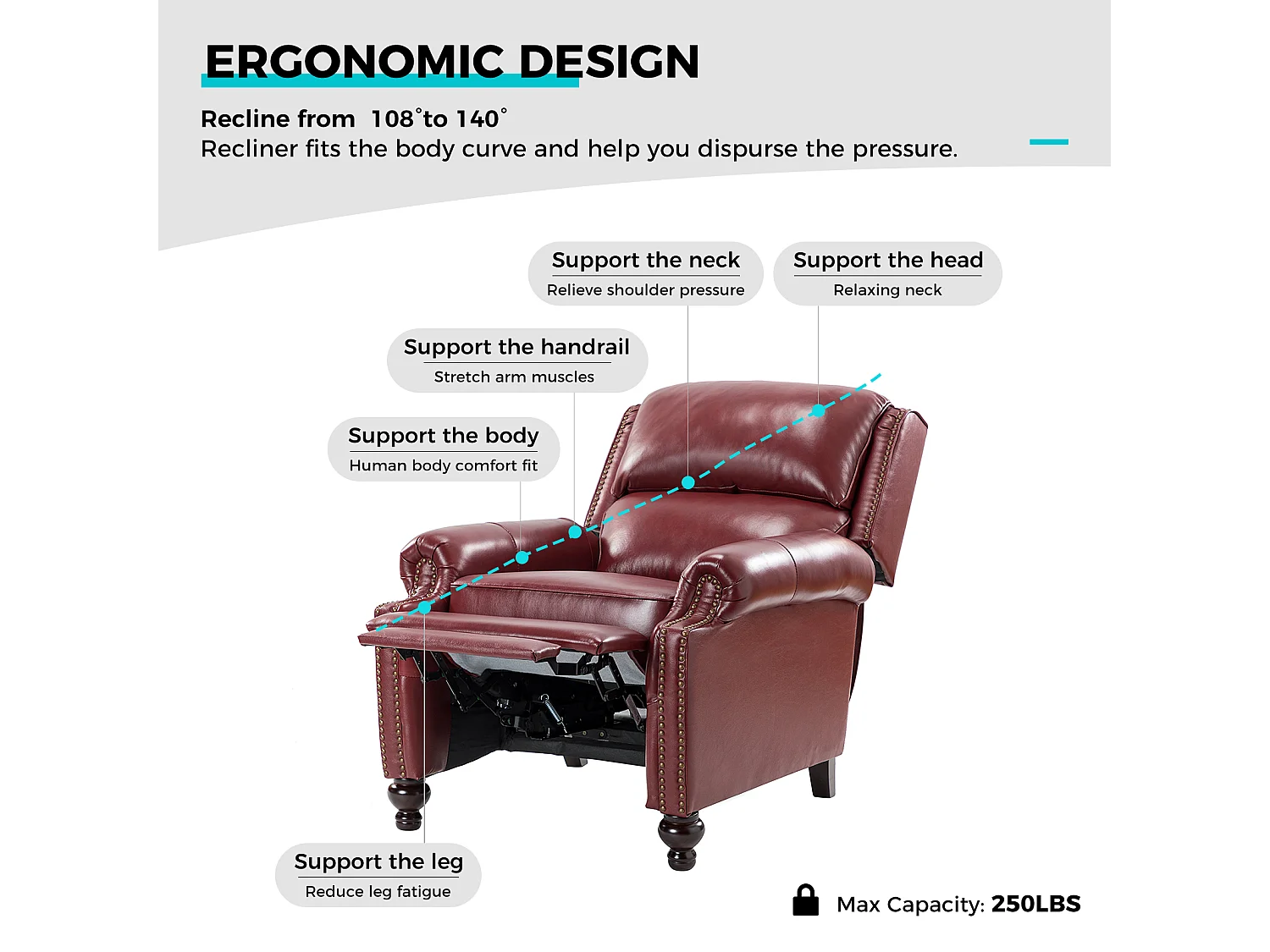 Fauteuil Cigare en cuir réglable, inclinable, canapé vintage avec garniture à tête de clou, bourgogne