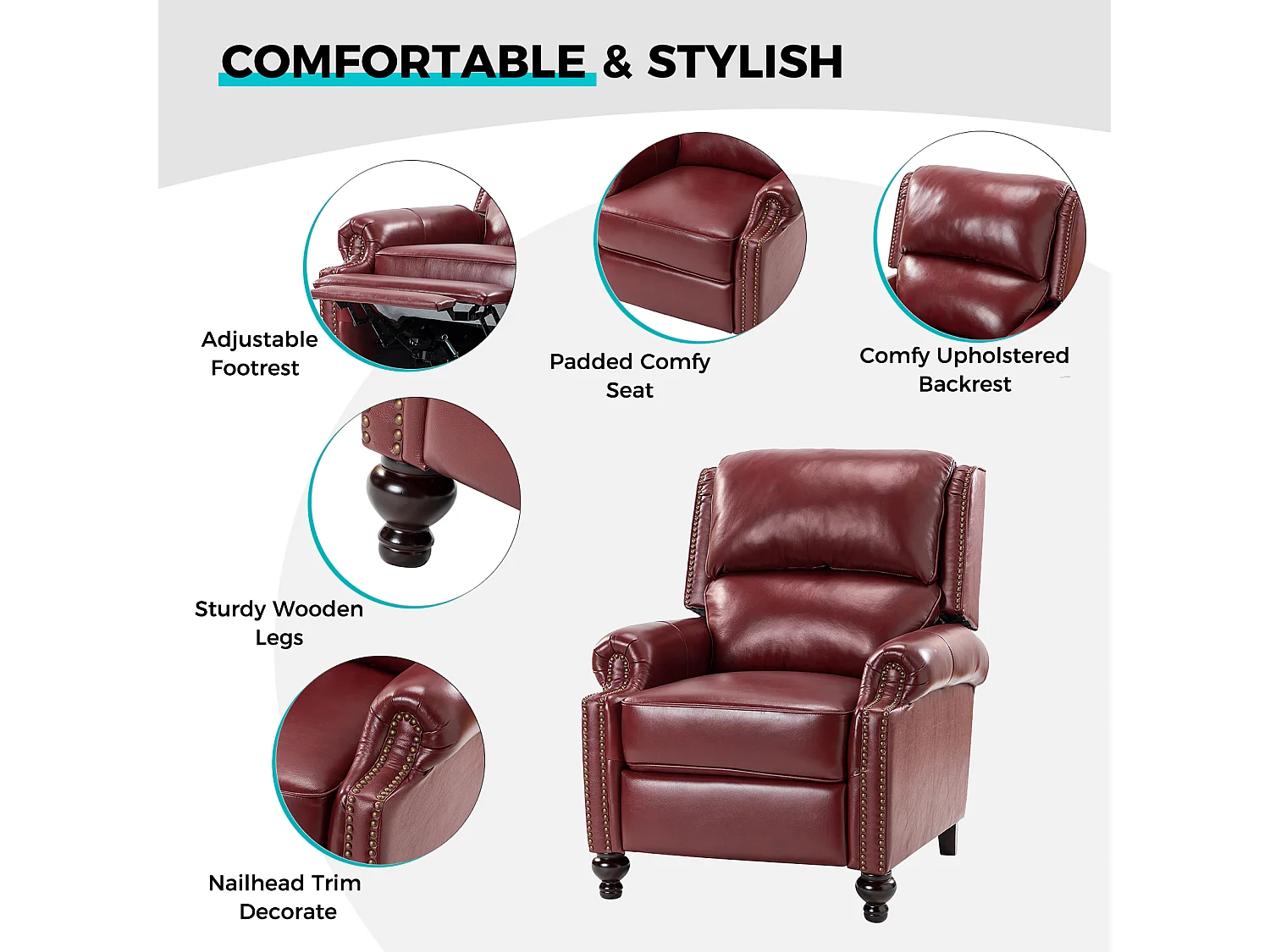 Fauteuil Cigare en cuir réglable, inclinable, canapé vintage avec garniture à tête de clou, bourgogne