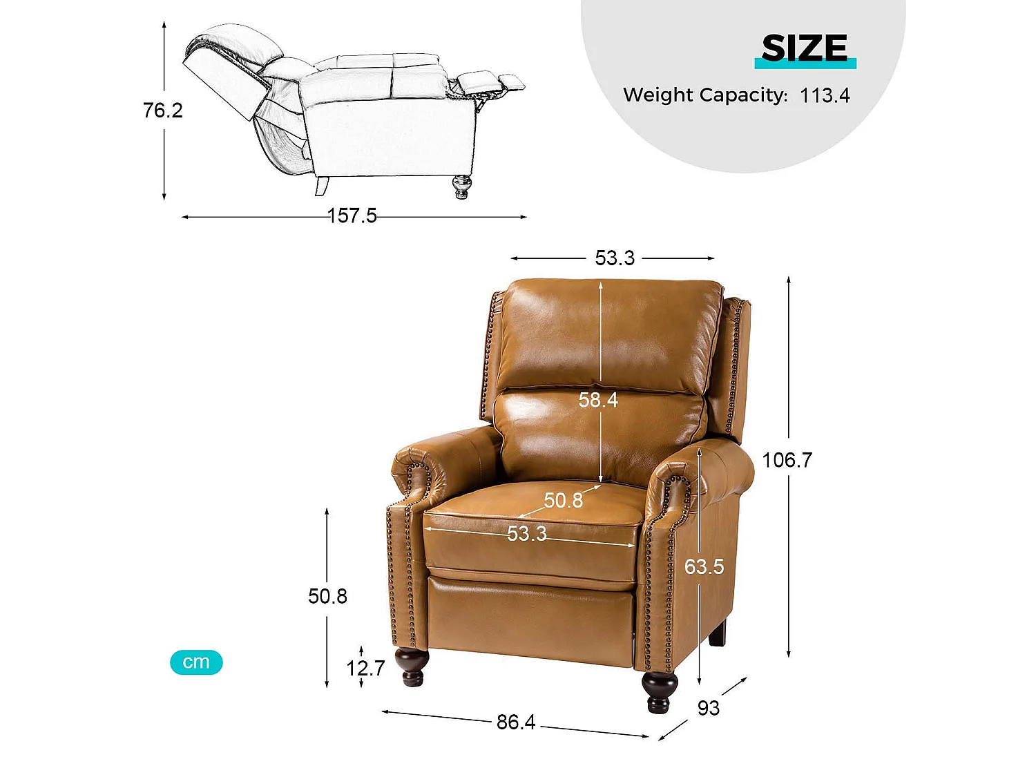 Fauteuil Cigare en cuir réglable, inclinable, canapé vintage avec garniture à tête de clou,Camel