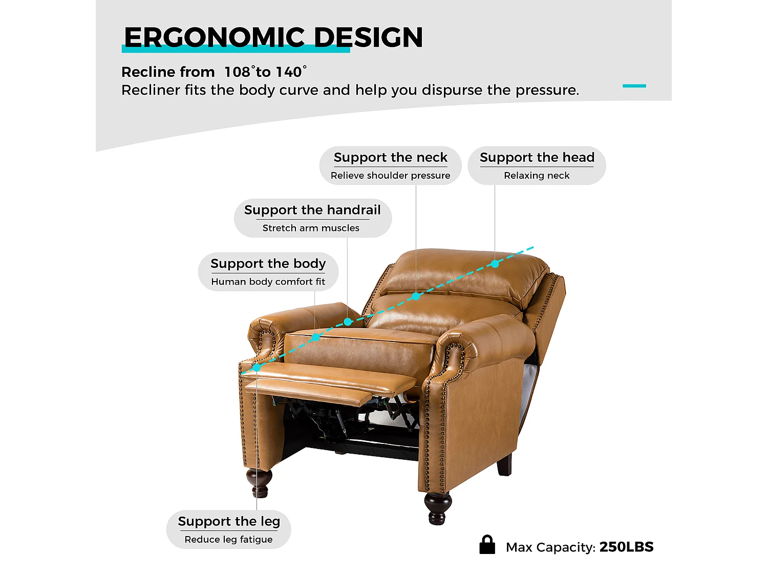 Fauteuil Cigare en cuir réglable, inclinable, canapé vintage avec garniture à tête de clou,Camel