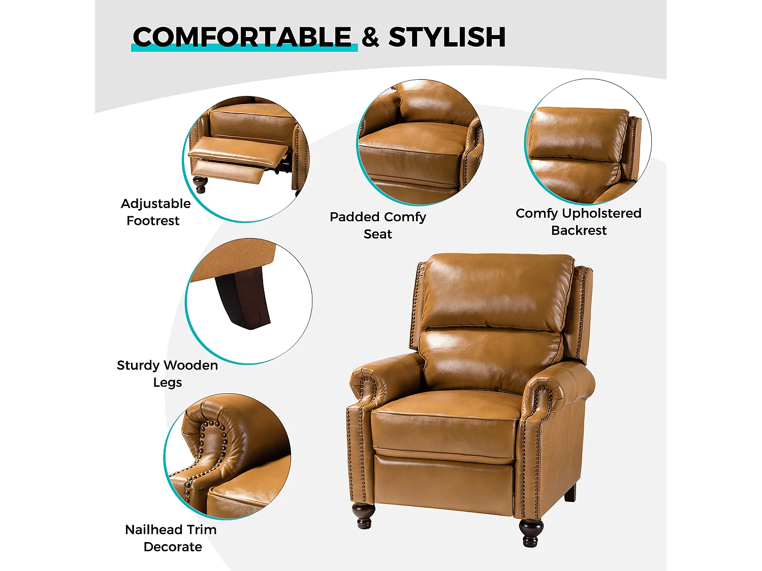 Fauteuil Cigare en cuir réglable, inclinable, canapé vintage avec garniture à tête de clou,Camel