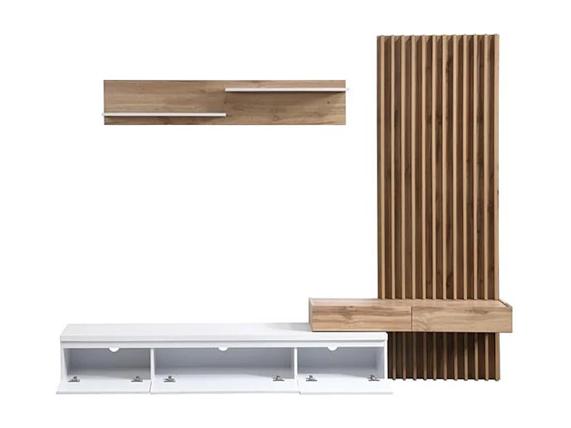 Conjunto de Comedor Con Mesa Tv y Panelado 250x200 cm - Blanco y Roble