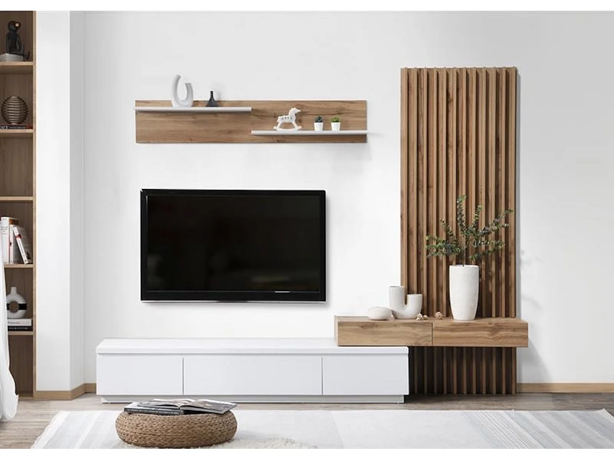 Conjunto de Comedor Con Mesa Tv y Panelado 250x200 cm - Blanco y Roble