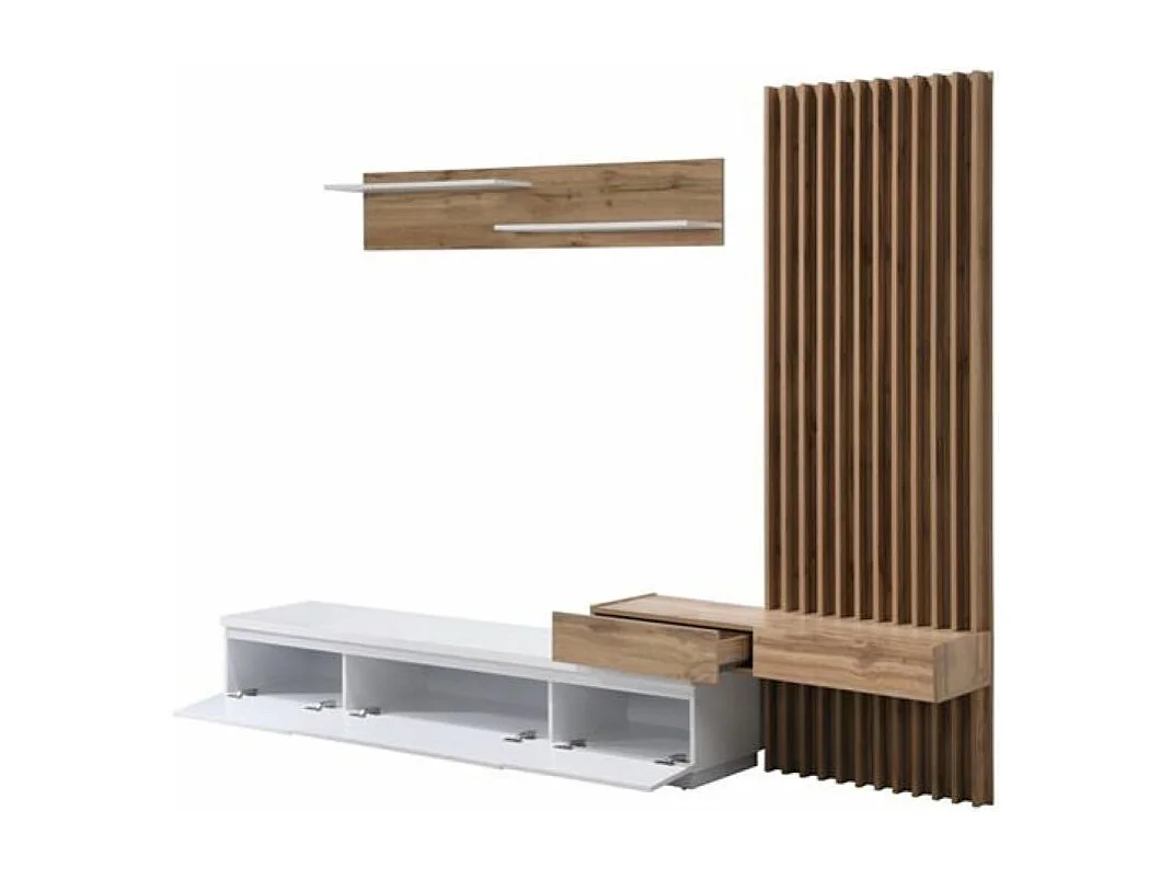 Conjunto de Comedor Con Mesa Tv y Panelado 250x200 cm - Blanco y Roble