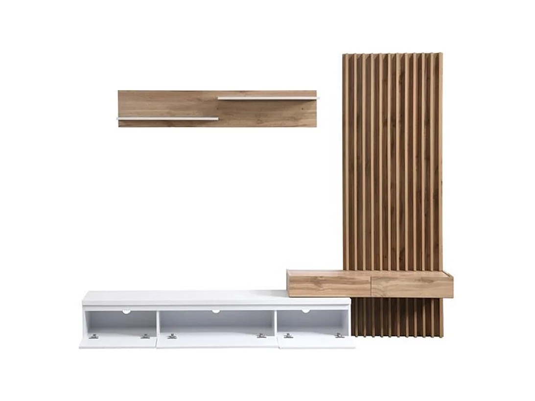 Conjunto de Jantar com Mesa de TV e Painéis 250x200 cm - Branco e Carvalho