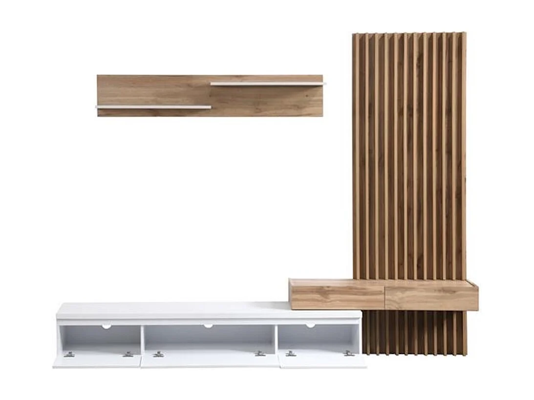 Conjunto de Comedor Con Mesa Tv y Panelado 250x200 cm - Blanco y Roble